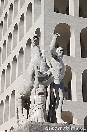 Equestrian statue at Squared Colosseum Stock Photo