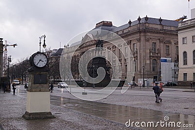 Equestrian statue and State Library in Unter den Linden boulevard, Berlin Editorial Stock Photo