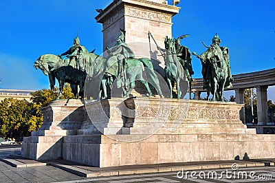 Equestrian statues of the Hungarian Chieftains in Heroes Square of Budapest,Hungary Stock Photo
