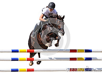 Equestrianism: Young girl in jumping show, isolated Stock Photo