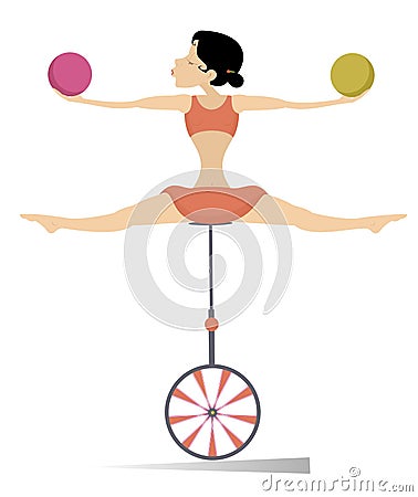 Equilibrist woman balances on the unicycle with the balls illustration Vector Illustration