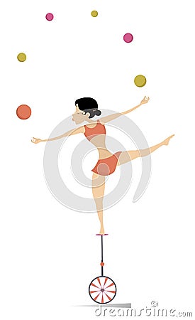 Equilibrist woman on the unicycle juggles balls illustration. Vector Illustration