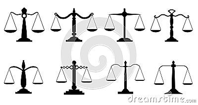 Equilibrium scales. Trading or law scales icons. Lawyers scales, compare symbols, balance and balancing signs isolated Vector Illustration