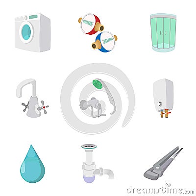 Equipment for bathroom icons set, cartoon style Vector Illustration