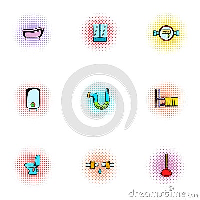 Equipment for bathroom icons set, pop-art style Vector Illustration