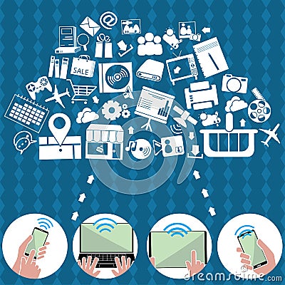 IT equipment in data connectivity and data sharing Vector Illustration
