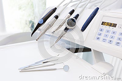 Equipment and dental instruments in dentist's office. Dentistry Stock Photo