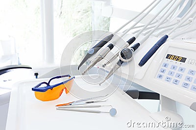 Equipment and dental instruments in dentist's office. Dentistry Stock Photo