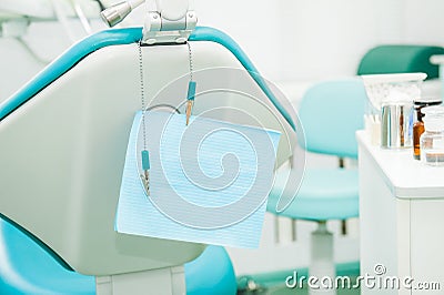 Equipment and dental instruments in dentist`s office. Tools close-up. Dentistry. Dental concept background. Selective focus. Spac Stock Photo