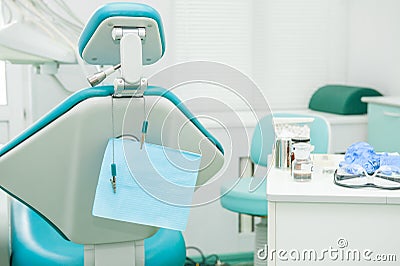 Equipment and dental instruments in dentist`s office. Tools close-up. Dentistry. Dental concept background. Selective focus. Spac Stock Photo