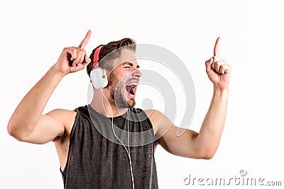 Equipment for dj. Start this party. Man handsome dj using modern headphones. Professional musical software and devices Stock Photo
