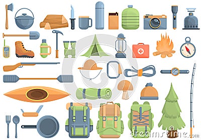 Equipment for hike icons set, cartoon style Vector Illustration