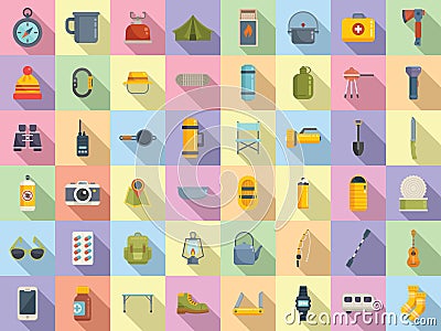 Equipment for hike icons set flat vector. Hiker backpack Vector Illustration