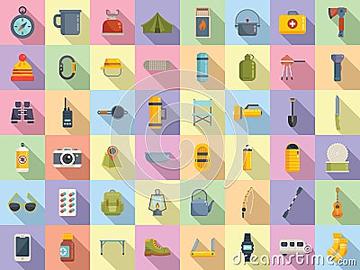 Equipment for hike icons set flat vector. Hiker backpack Stock Photo