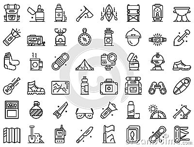 Equipment for hike icons set, outline style Vector Illustration