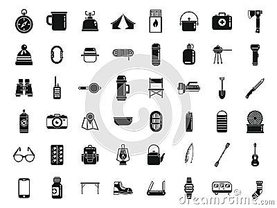 Equipment for hike icons set simple vector. Hiker backpack Vector Illustration