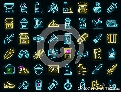 Equipment for hike icons set vector neon Vector Illustration