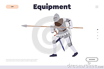 Equipment for historic knight tournament role game landing page template with medieval warrior Vector Illustration