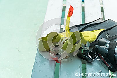 Equipment for immersion in water: mask, fins, camera case Stock Photo