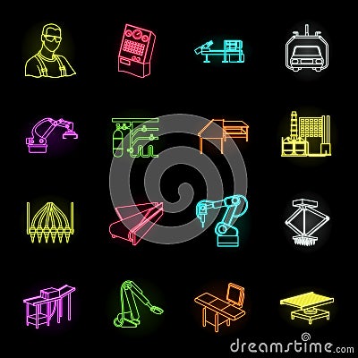 Equipment and machine neon icons in set collection for design.Technical progress of the factory vector symbol stock web Vector Illustration