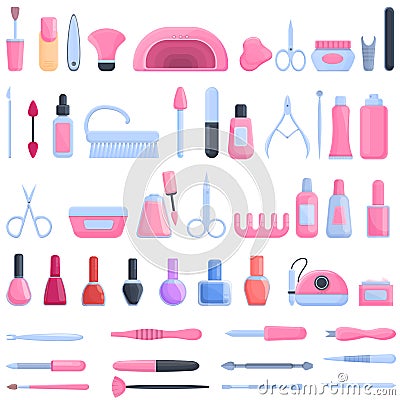 Equipment for manicure icons set, cartoon style Vector Illustration