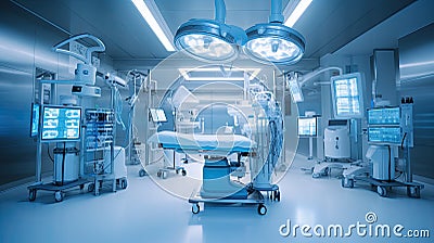 Equipment and medical devices in hybrid operating room, Surgical procedures , operating room of Future Stock Photo