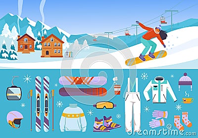 Equipment skiers and snowboarders set. Warm white jumpsuit with wool socks descent boards and professional skiing with Vector Illustration