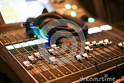 Equipment for sound mixer control in studio TV station, Audio and Video Production Switcher of Television Broadcast Stock Photo