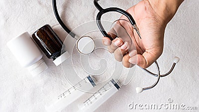 Equipment for support people sick with stethoscope and medical pill Stock Photo