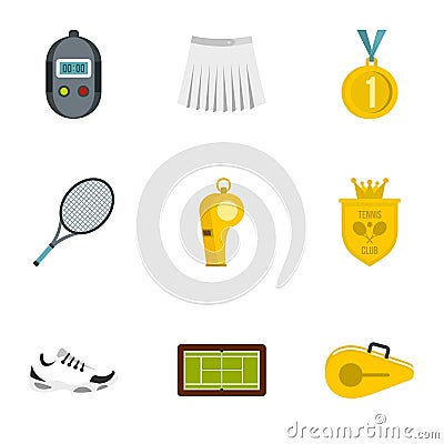 Equipment for tennis sport icons set, flat style Vector Illustration