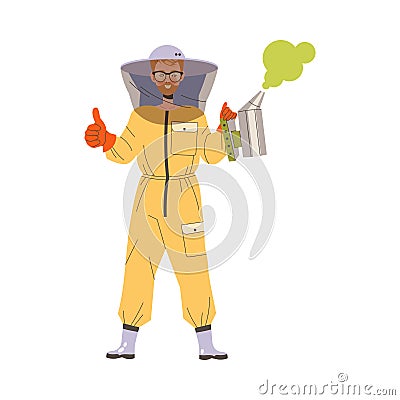 Equipped Man Beekeeper or Apiarist with Smoker Showing Thumb Up Hand Gesture Vector Illustration Vector Illustration