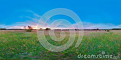 Equirectangular 360 degree spherical panorama for virtual reality background beautiful sunrise at the field landscape blue sky Stock Photo