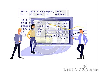 Equity Research concept. Teamwork on stock market. Sales managers, analysts. Hand drawn people, table, graph Vector Illustration
