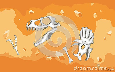 Era of Earth history. Fossil dinosaurs, elements for paleontology and archeology works. Scene with various animals bones Vector Illustration