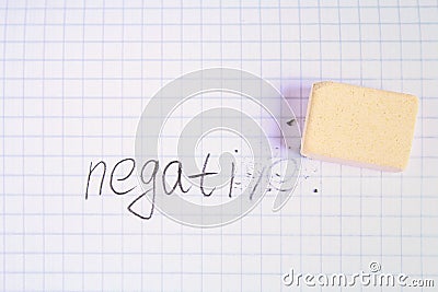 Eraser erasing on the sheet in the cage word: negative. Stock Photo