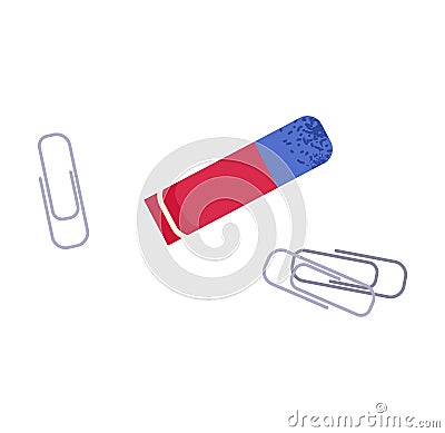 Eraser paperclips flat design. Stationery office supplies vector Vector Illustration