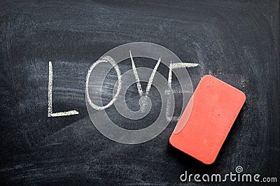 Erasing love, hand written word on blackboard being erased Stock Photo