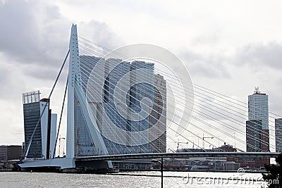 Erasmusbrug bridge over river Nieuwe Maas with nickname Swan connects north and south of Rotterdam. Editorial Stock Photo