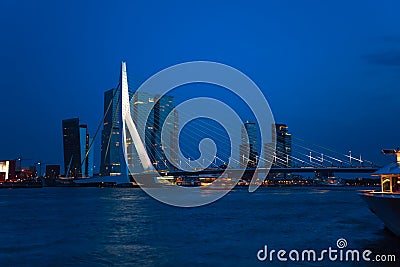 Erasmusbrug bridge view at night in Rotterdam, Editorial Stock Photo