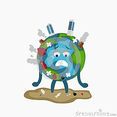 Erath globe sad sick tired of polution global warming deforestation full of dirty garbage environmental damage Vector Illustration