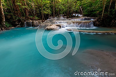 Erawan Waterfall,beautiful waterfal in Thailand Stock Photo