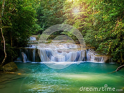 Erawan waterfalls, beautiful evergreen paradise of the Middle travelers. Ideal for relaxing Stock Photo