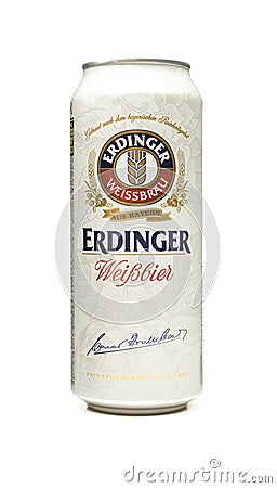 Erdinger german weissbier beer can isolated on white background Editorial Stock Photo