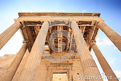 The Erechtheion is an ancient Greek temple on the north side of the Acropolis of Athens in Greece. Stock Photo