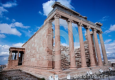 The Erechtheion is an ancient Greek temple on the north side of the Acropolis of Athens in Greece Stock Photo