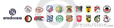 Eredivisie 2022-2023. Ajax, Eindhoven, Utrecht, Waalwijk, Go Ahead Eagles, Nijmegen, Cambuur, Emmen, Feyenoord, Alkmaar, Vector Illustration