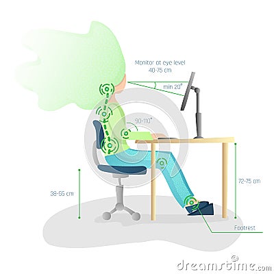 Ergonomic, healthy Correct sitting Spine Posture. Healthy Back and Posture Correction illustration. Office Desk Posture Vector Illustration