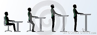 Ergonomic. Height adjustable desk or table poses Vector Illustration