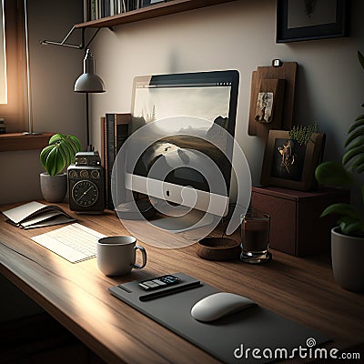 Ergonomic Oasis A Modern Workspace Abloom with Technology Stock Photo