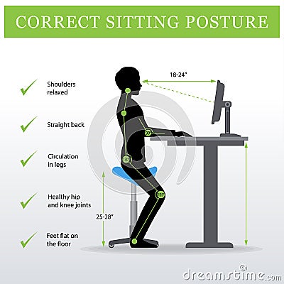 Ergonomic. Saddle sitting chair and Height adjustable table Vector Illustration